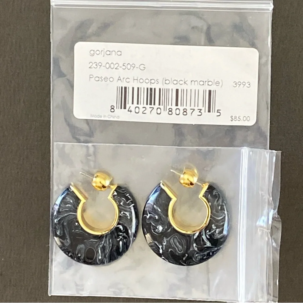 Gorjana 18K Gold Plated Paseo Arc Hoops -Black Marble Earrings 239-002-509-G - Picture 5 of 7